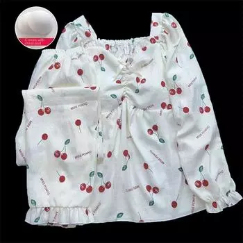 Пижамный комплект из двух предметов с вишнями, зимняя хлопковая пижама с бюстгальтером, корейская модная домашняя одежда, элегантный комплект, пижама с бантом M