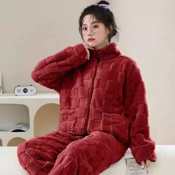 Пижамный комплект из фланелевого утолщенного бархата, зимняя пижама с длинными рукавами из кораллового бархата для женщин, теплая простая однотонная домашняя одежда M розовый