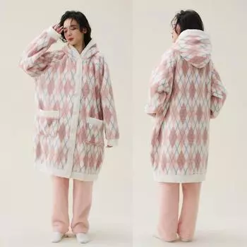 Пижамный комплект из фланели с принтом, осенне-зимний коралловый плюшевый длинный кардиган, ночная рубашка, брюки, халат, женская одежда для сна, женская домашняя одежда L