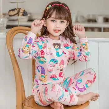 Пижамный комплект из хлопка с рисунком русалки для девочек - теплая домашняя одежда на весну/осень с брюками 90 cm