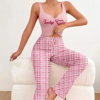 Пижамный комплект из искусственного хлопка для женщин, клетчатые шорты и комплект без рукавов, пижамы с круглым вырезом для девочек, домашняя одежда с буквенным принтом, домашняя одежда, пижамы S