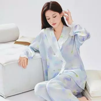 Пижамный комплект из кардигана и кружева Ice Silk для женщин, устойчивый к морщинам M