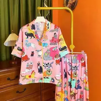 Пижамный комплект из ледяного шелка, весенняя и осенняя, женская легкая роскошная домашняя одежда из высококачественного атласа M розовый