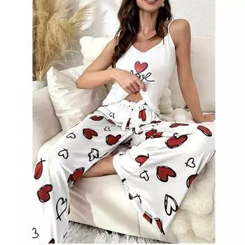 Пижамный комплект из молочного шелка с принтом в виде сердечка, без рукавов, с подтяжками, с широкими штанинами, шикарная женская пижама S белый
