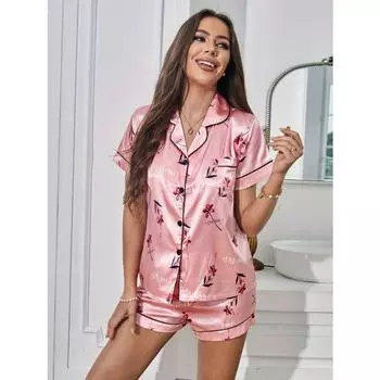 Пижамный комплект из сатина с цветочным и буквенным принтом, повседневный топ с коротким рукавом, пуговицами, лацканами и эластичными шортами, женская одежда для сна S розовый
