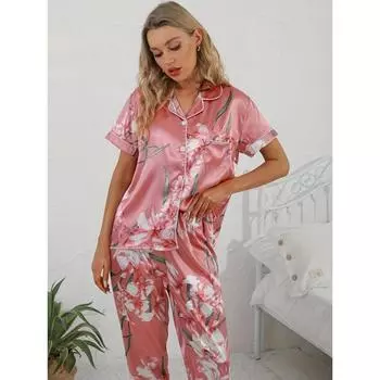 Пижамный комплект из сатина с цветочным принтом, гладкий и удобный топ с короткими рукавами, на пуговицах, и удобные длинные брюки, женская домашняя одежда и одежда для сна S розовый