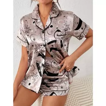 Пижамный комплект из сатина с принтом, повседневный топ с коротким рукавом, пуговицами, лацканами и эластичными шортами для женщин, одежда для сна S