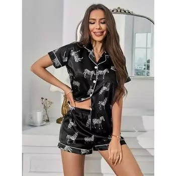 Пижамный комплект из сатина с принтом зебры, повседневный топ с коротким рукавом, пуговицами, лацканами и эластичными шортами для женщин, одежда для сна L чёрный
