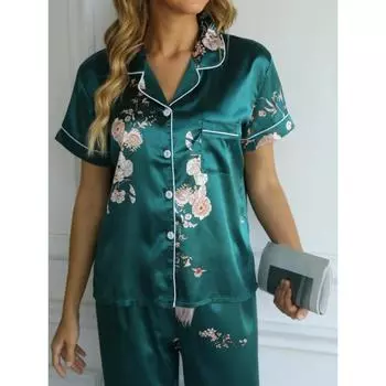 Пижамный комплект из сатина с зеленым цветочным принтом, гладкий и удобный, с короткими рукавами, карманами, лацканами и удобными длинными брюками, женская домашняя одежда и одежда для сна S зелёный