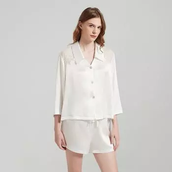 Пижамный комплект из шелка Mulberry, кружевной комплект на одно плечо, женский летний комплект с отворотами и шортами M