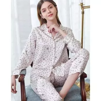 Пижамный комплект из шелка Mulberry с длинными рукавами, женский пижамный комплект на пуговицах, домашняя одежда с принтом, женский пижамный комплект M