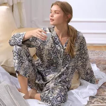 Пижамный комплект из шелкового шелка с длинными рукавами и принтом, повседневная домашняя одежда для женщин, пуговицы L
