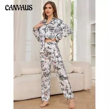 Пижамный комплект из шелковых брюк с длинным рукавом и принтом больших размеров для женщин S белый