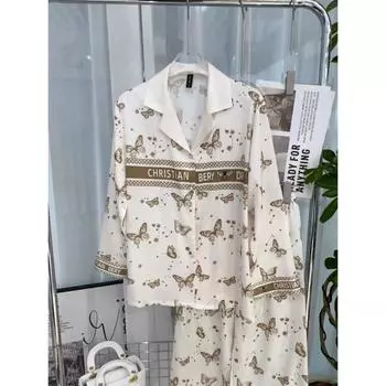 Пижамный комплект из тонкого гладкого атласа с узором «бабочка» из ледяного шелка с рисунком «елочка» и длинными рукавами M