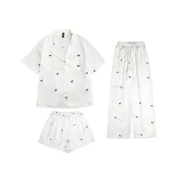 Пижамный комплект из трех частей из ледяного шелка, женский костюм с короткими рукавами, летний тонкий пижамный комплект с принтом в виде маленькой бабочки M слоновая кость