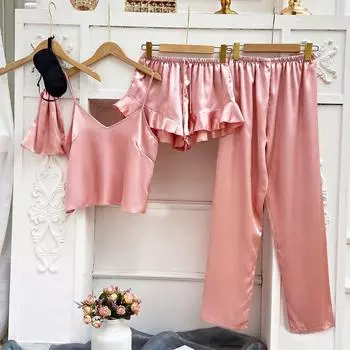 Пижамный комплект из трех предметов. Весенне-летние подтяжки, шорты, брюки. Домашняя одежда. Мягкий пижамный комплект для отдыха. S шампанского