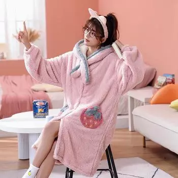 Пижамный комплект Kawaii для женщин и девочек, фланелевый халат, теплая зимняя пижама с героями мультфильмов, длинные халаты со штанами, женская ночная одежда S