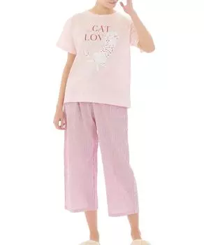 Пижамный комплект Mercerized Cat Pink [Narue], футболка, принт, женский, розовый