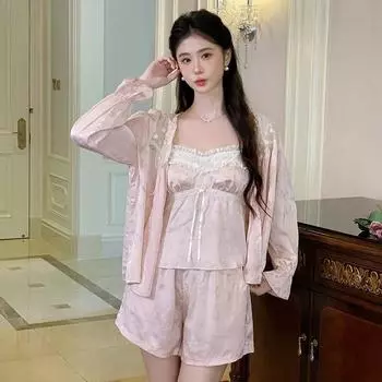 Пижамный комплект, новая верхняя одежда на подтяжках, Ice Silk, сексуальная, из трех предметов, верхняя одежда с длинными рукавами, домашняя одежда для женщин S синий