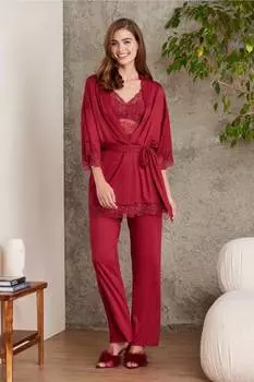 Пижамный комплект Pierre Cardin из чесаного хлопка с халатом бордового цвета