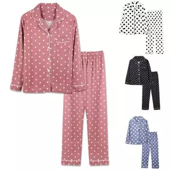Пижамный комплект, прямая блузка с лацканами, однобортная блузка с принтом в горошек, комплект брюк для повседневной носки L розовый