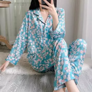 Пижамный комплект с атласным принтом, нижнее белье, длинные рукава, лацканы, домашняя одежда, пижамы, женская одежда для сна, весна-осень, домашняя одежда M розовый