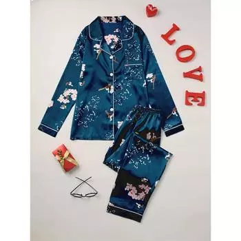 Пижамный комплект с цветочным принтом, блузка с длинными рукавами и брюки на эластичном поясе, женская домашняя одежда и одежда для сна S