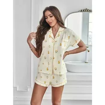 Пижамный комплект с цветочным принтом и текстурой, элегантный топ с короткими рукавами, пуговицами, лацканами и эластичными шортами для женщин, одежда для сна M