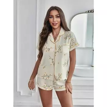 Пижамный комплект с цветочным принтом и текстурой, повседневный топ с коротким рукавом, пуговицами, лацканами и эластичными шортами, женская одежда для сна L