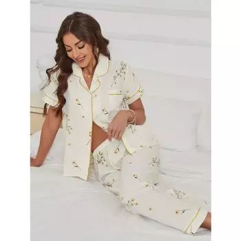 Пижамный комплект с цветочным принтом, повседневный топ с коротким рукавом, лацканы на пуговицах и эластичные брюки, женская одежда для сна S