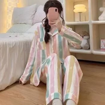 Пижамный комплект с цветочным принтом в полоску для женщин, повседневная мягкая женская пижама с длинными рукавами M