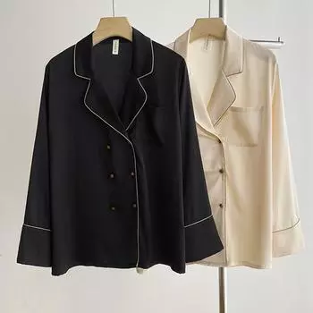 Пижамный комплект с длинным рукавом во французском стиле для пары, весна-осень, одежда для сна, домашняя одежда, свободная атласная домашняя одежда, пижамы M