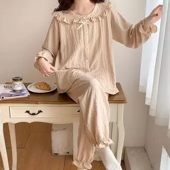 Пижамный комплект с длинным рукавом, женский, осенне-весенний, цветочный принт, тонкий, кавайный, женский, 2 предмета, кимоно, пижама M