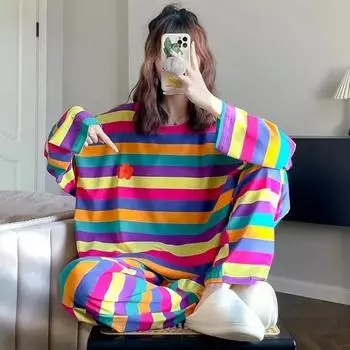 Пижамный комплект с длинными рукавами для женщин, осенняя одежда для студентов и девочек, радужная домашняя одежда, которую можно носить на улице, свободная одежда M