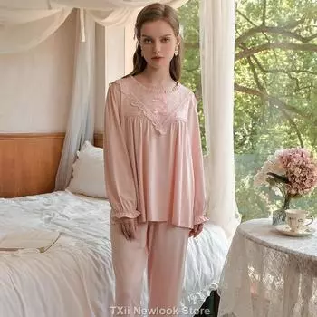 Пижамный комплект с длинными рукавами из французского кружева в стиле суда, осенняя домашняя одежда из двух предметов, которую можно носить снаружи M синий