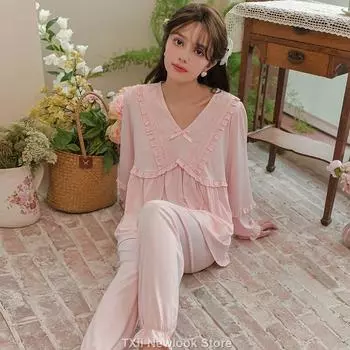 Пижамный комплект с длинными рукавами из французского кружева в стиле суда, осенняя домашняя одежда из двух предметов, которую можно носить снаружи M розовый