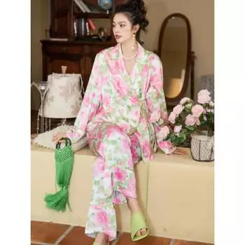 Пижамный комплект с кимоно с цветочным принтом для женщин, комплект из атласных брюк с длинным рукавом, ретро-пижама, одежда для сна, домашняя одежда S розовый