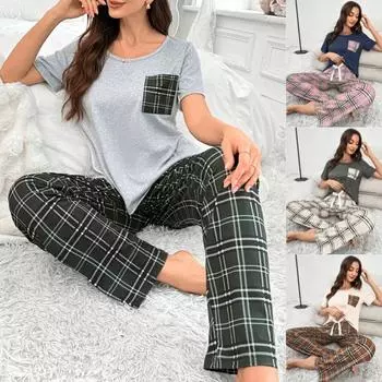 Пижамный комплект с круглым вырезом, длинным рукавом и бантом, коротким рукавом, разноцветный комплект для студентов, домашняя одежда из двух частей, длинные брюки в клетку S розовый