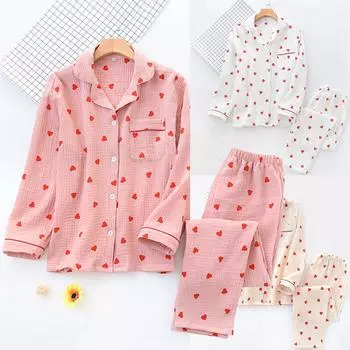 Пижамный комплект с лацканами для женщин с рисунком в виде сердца персикового цвета, повседневный комплект из хлопка с длинными рукавами и брюками, мягкая ночная одежда, домашняя одежда L бежевый