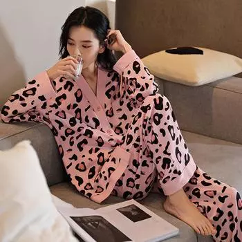Пижамный комплект с леопардовым принтом осень-зима, топ с длинными рукавами на пуговицах и брюки с эластичным поясом, женская одежда для сна и отдыха M