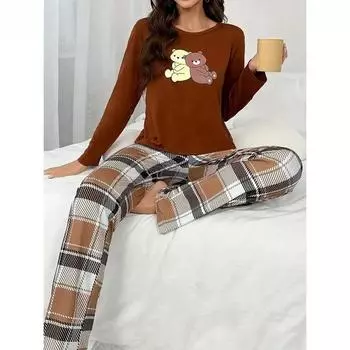 Пижамный комплект с медведем для женщин, осень-зима, новая женская пижама, пуловер для отдыха с длинными рукавами, эластичная ночная рубашка из молочного шелка S чёрный