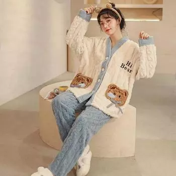 Пижамный комплект с медведем, женская зимняя пижама с длинным рукавом и длинными штанами, теплая пижама, милая пижама, мягкая пижама, удобная пижама для девочек M