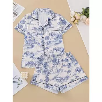 Пижамный комплект с натуральным животным принтом, удобный топ с короткими рукавами и лацканами, шорты на эластичном поясе, женская домашняя одежда S синий