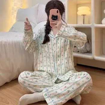 Пижамный комплект с полосатым принтом «Медведь клубники» для женщин, повседневная мягкая двухкомпонентная пижама на осень-зиму, модная пижама M