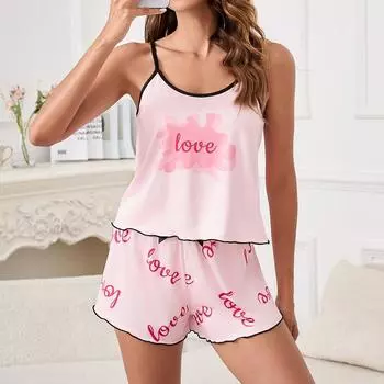 Пижамный комплект с принтом бабочек для женщин, летний топ без рукавов с круглым вырезом, шорты с эластичным поясом, одежда для сна, домашняя пижама S розовый