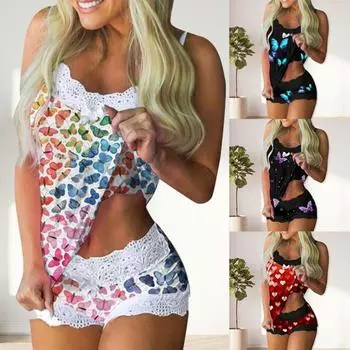 Пижамный комплект с принтом бабочки и спагетти, женская одежда без рукавов с бантом для сна XL