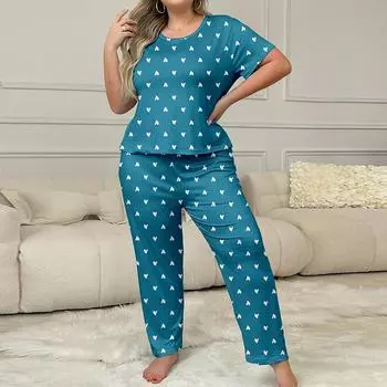 Пижамный комплект с принтом европейских и американских звезд: Топ и брюки с короткими рукавами для женщин 2XL синий