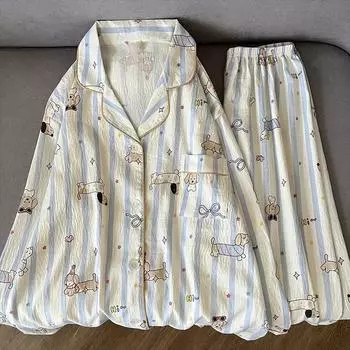 Пижамный комплект с принтом собаки в стиле Харадзюку, повседневная уличная пижама для женщин, дизайн с лацканами и пуговицами на шее, ночная рубашка XL