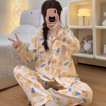 Пижамный комплект с принтом «Сыр и буквы», женская ночная рубашка, комплект из двух предметов, повседневный женский пижамный комплект, домашняя одежда на осень и зиму M