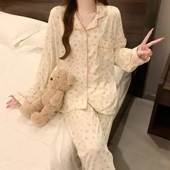 Пижамный комплект с принтом в виде маленьких цветочков во французском стиле, длинный рукав и брюки на резинке на талии, комплект из двух предметов, пижама, повседневная ночная рубашка M